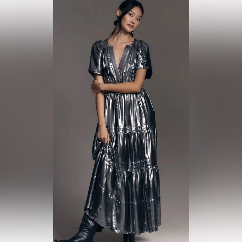 Anthropologie The Somerset Maxi Dress: Metallic Edition Tiered Silver Size S NWT